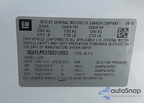 2016 GMC Terrain Slt z USA, uszkodzony, nr VIN 2GKFLPE37G6312853